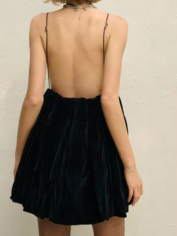 Elegant Velvet Deep V-neck Spaghetti Strap Backless A-line Mini Dress