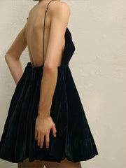 Elegant Velvet Deep V-neck Spaghetti Strap Backless A-line Mini Dress