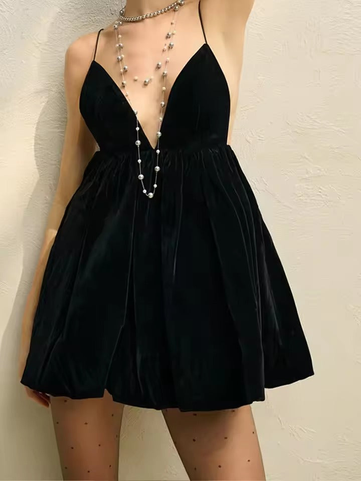 Elegant Velvet Deep V-neck Spaghetti Strap Backless A-line Mini Dress