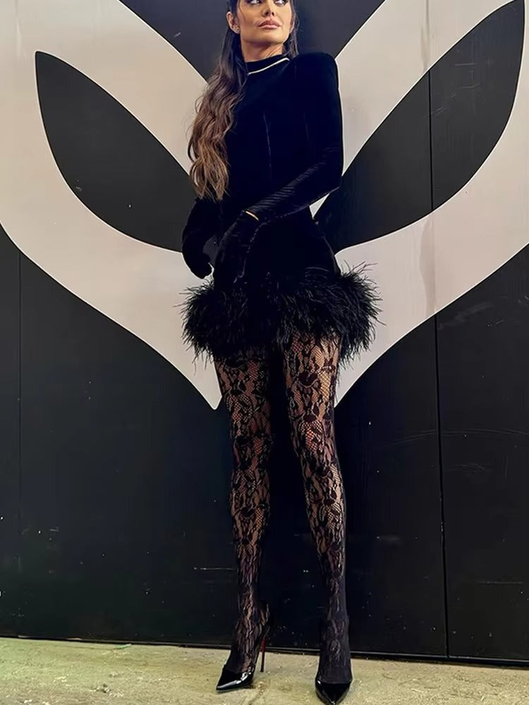 Elegant Velvet Feather Long Sleeve Bodycon Mini Dress