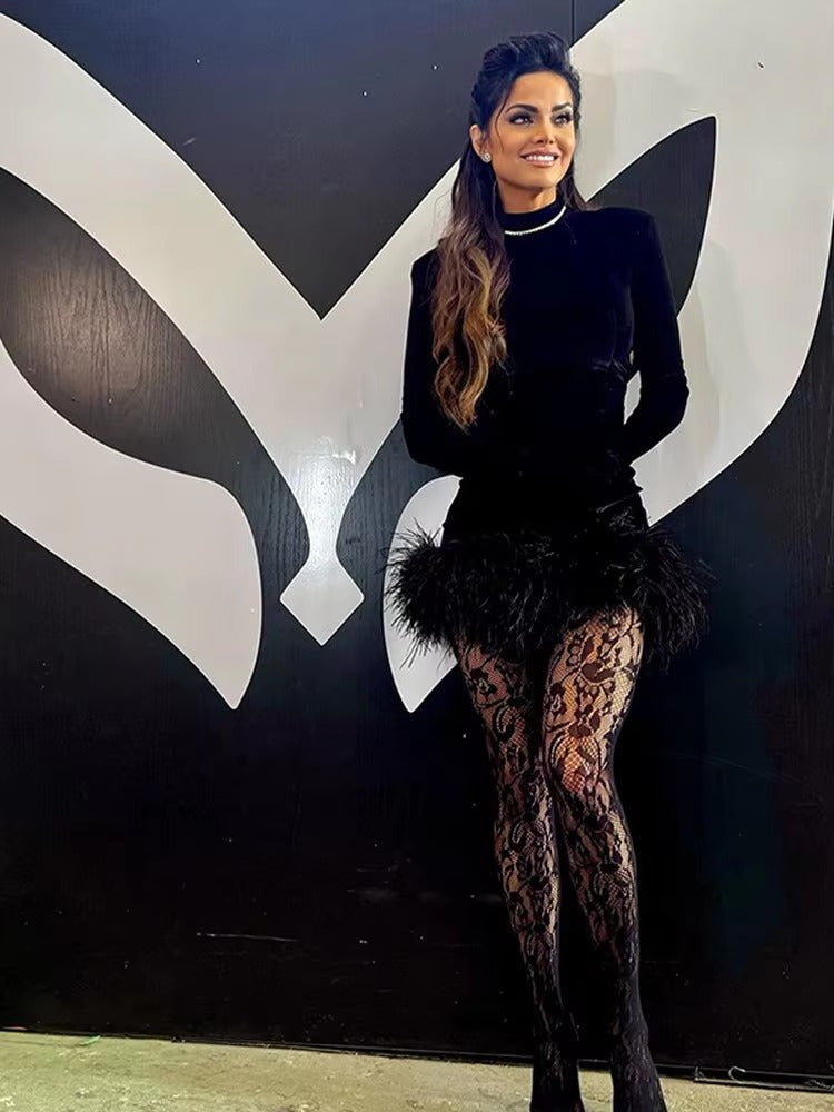 Elegant Velvet Feather Long Sleeve Bodycon Mini Dress