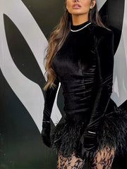 Elegant Velvet Feather Long Sleeve Bodycon Mini Dress
