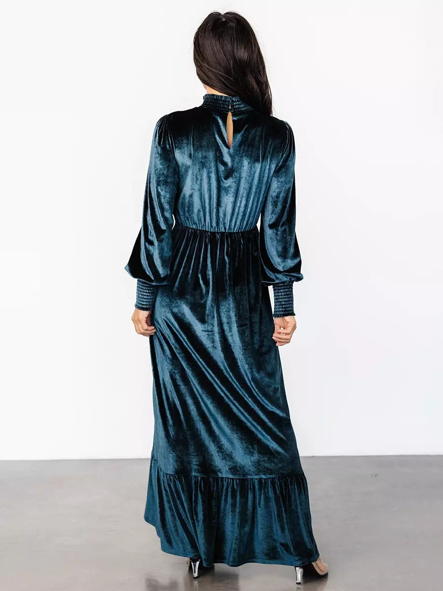 Elegant Velvet High Neck Vintage Bishop Sleeve Maxi Dress
