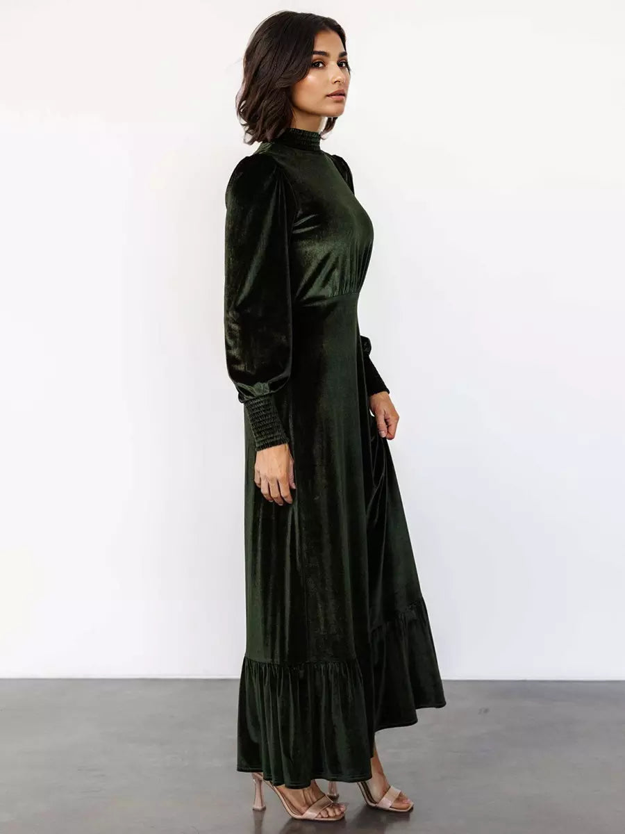 Elegant Velvet High Neck Vintage Bishop Sleeve Maxi Dress