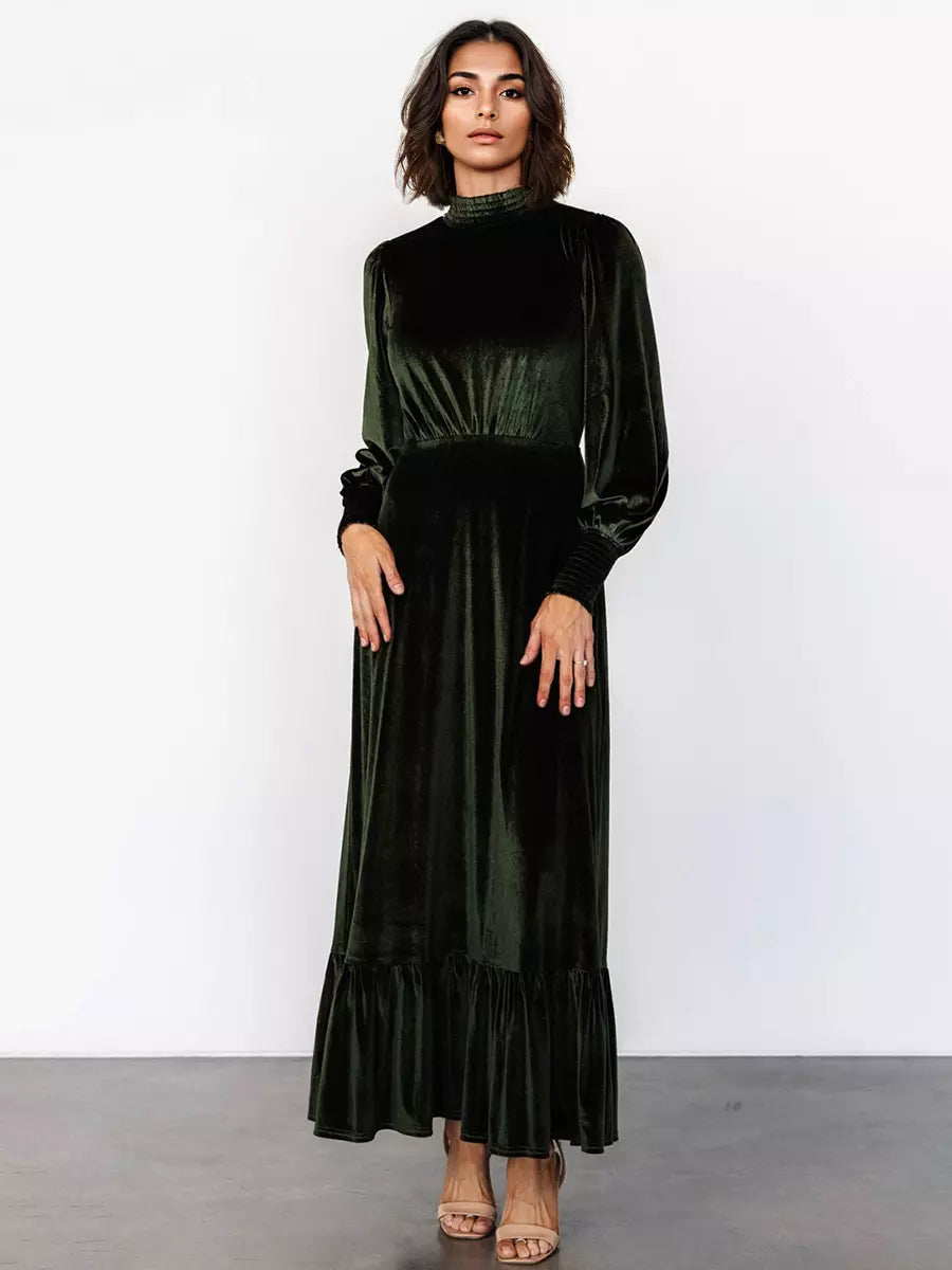 Elegant Velvet High Neck Vintage Bishop Sleeve Maxi Dress