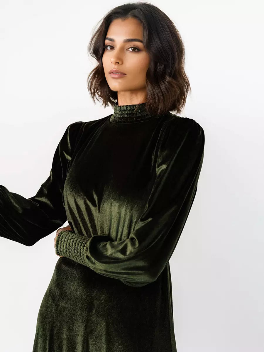 Elegant Velvet High Neck Vintage Bishop Sleeve Maxi Dress