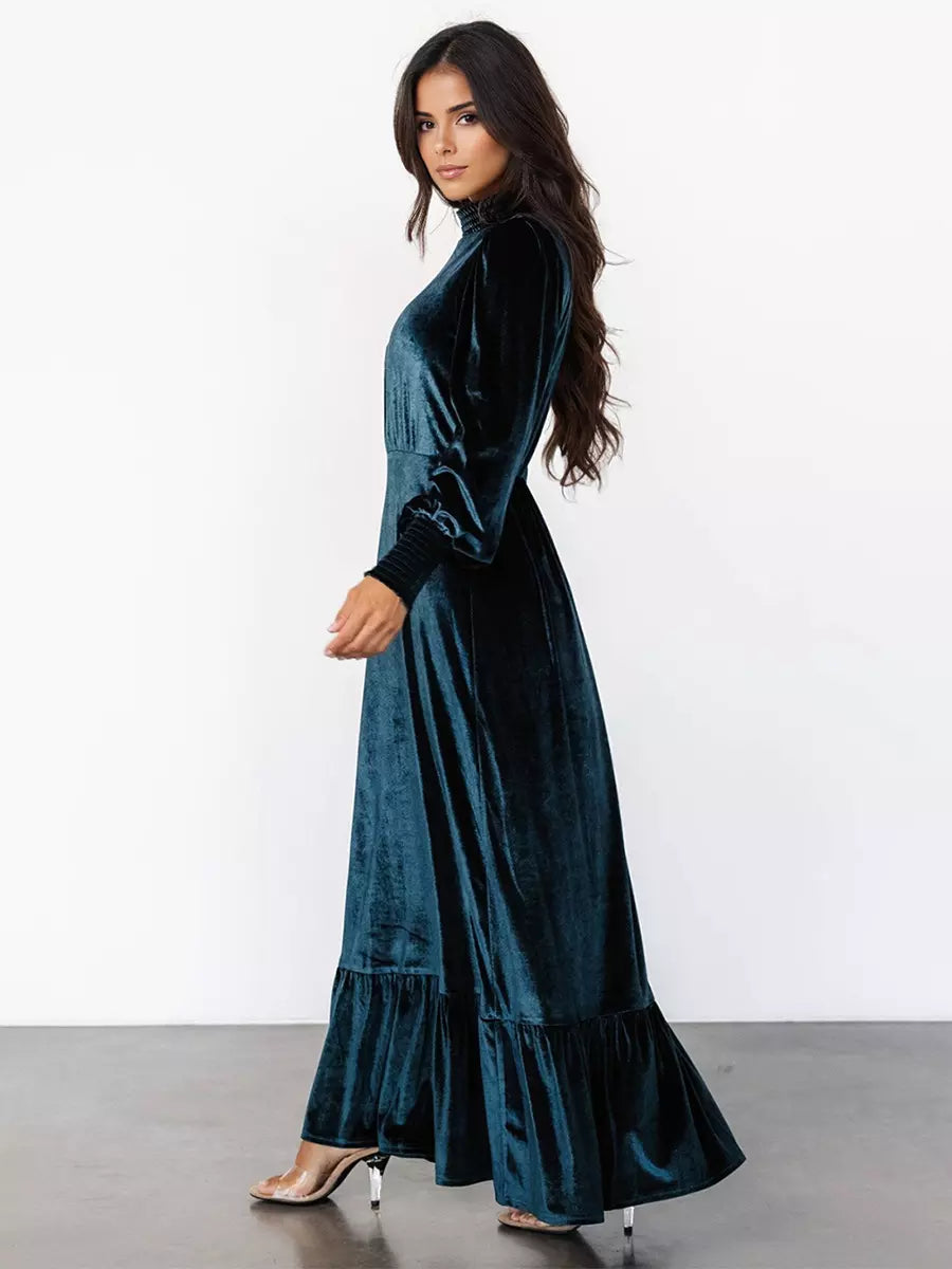 Elegant Velvet High Neck Vintage Bishop Sleeve Maxi Dress
