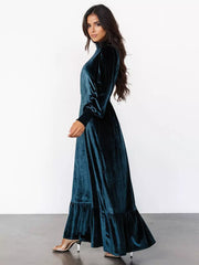 Elegant Velvet High Neck Vintage Bishop Sleeve Maxi Dress