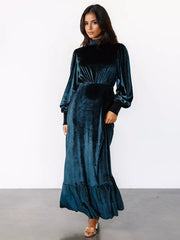 Elegant Velvet High Neck Vintage Bishop Sleeve Maxi Dress