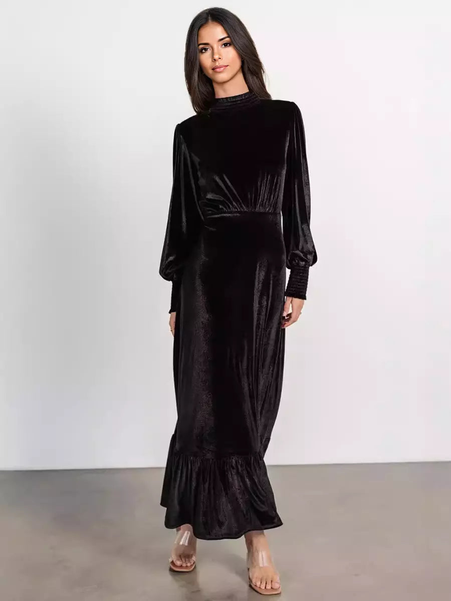 Elegant Velvet High Neck Vintage Bishop Sleeve Maxi Dress