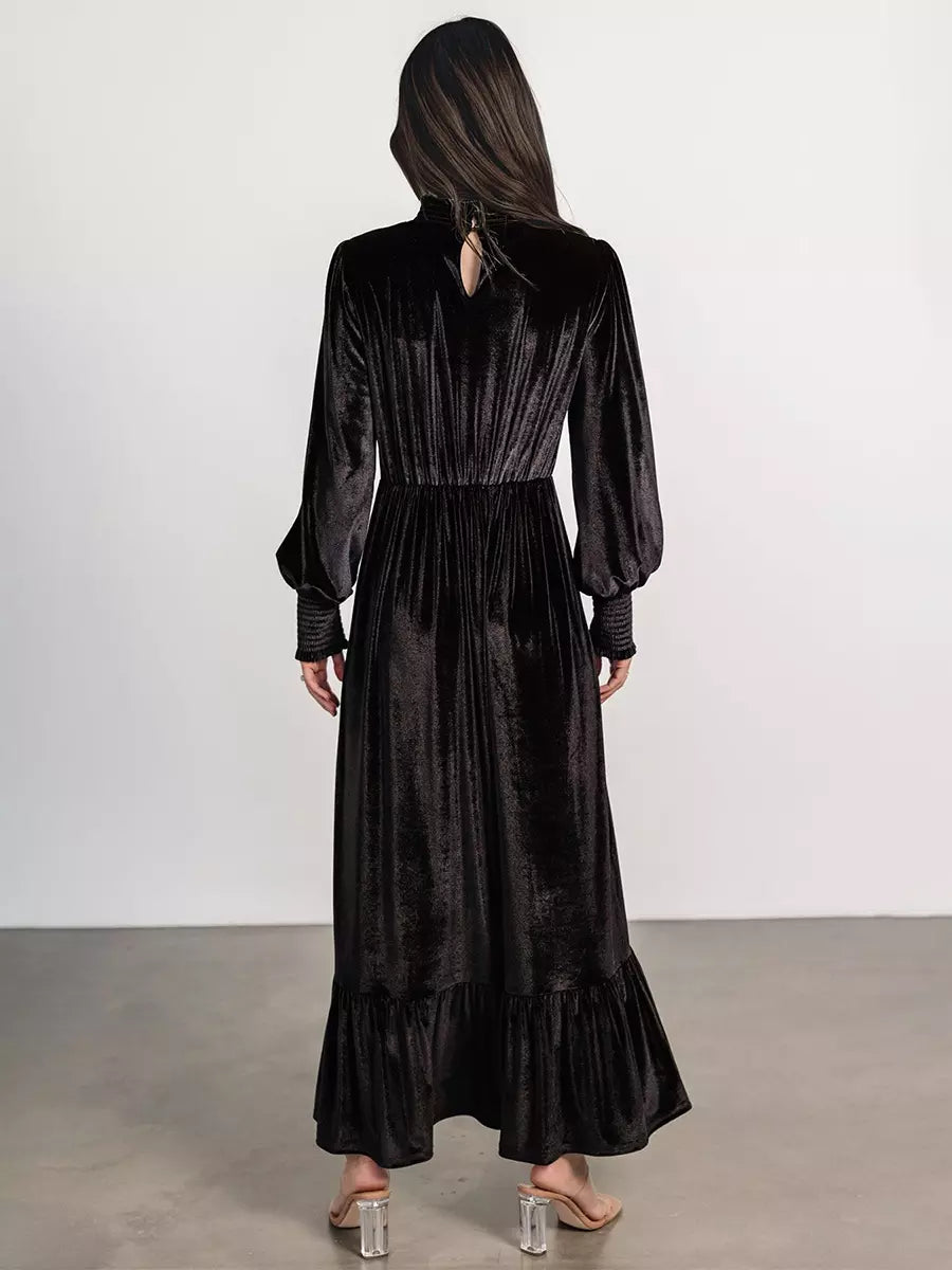 Elegant Velvet High Neck Vintage Bishop Sleeve Maxi Dress