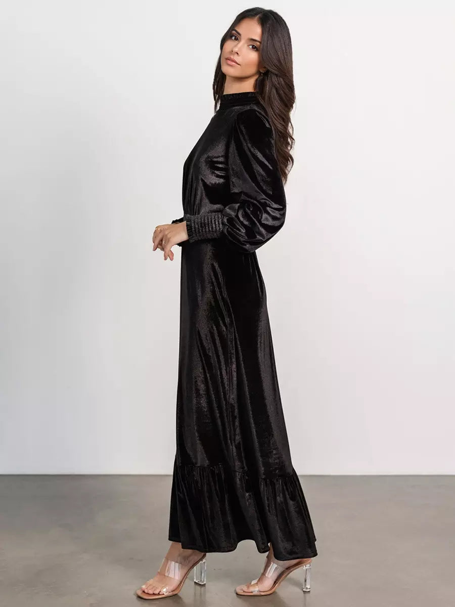 Elegant Velvet High Neck Vintage Bishop Sleeve Maxi Dress