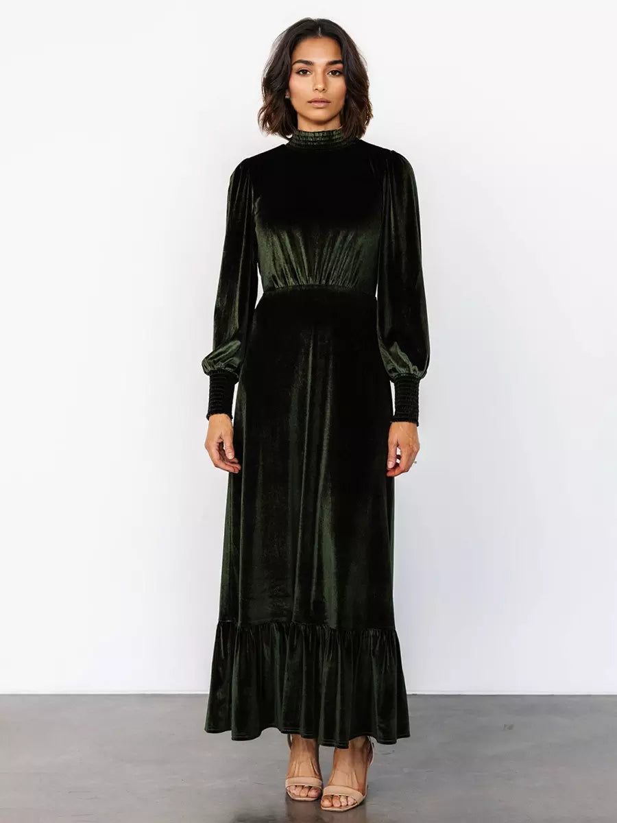 Elegant Velvet High Neck Vintage Bishop Sleeve Maxi Dress