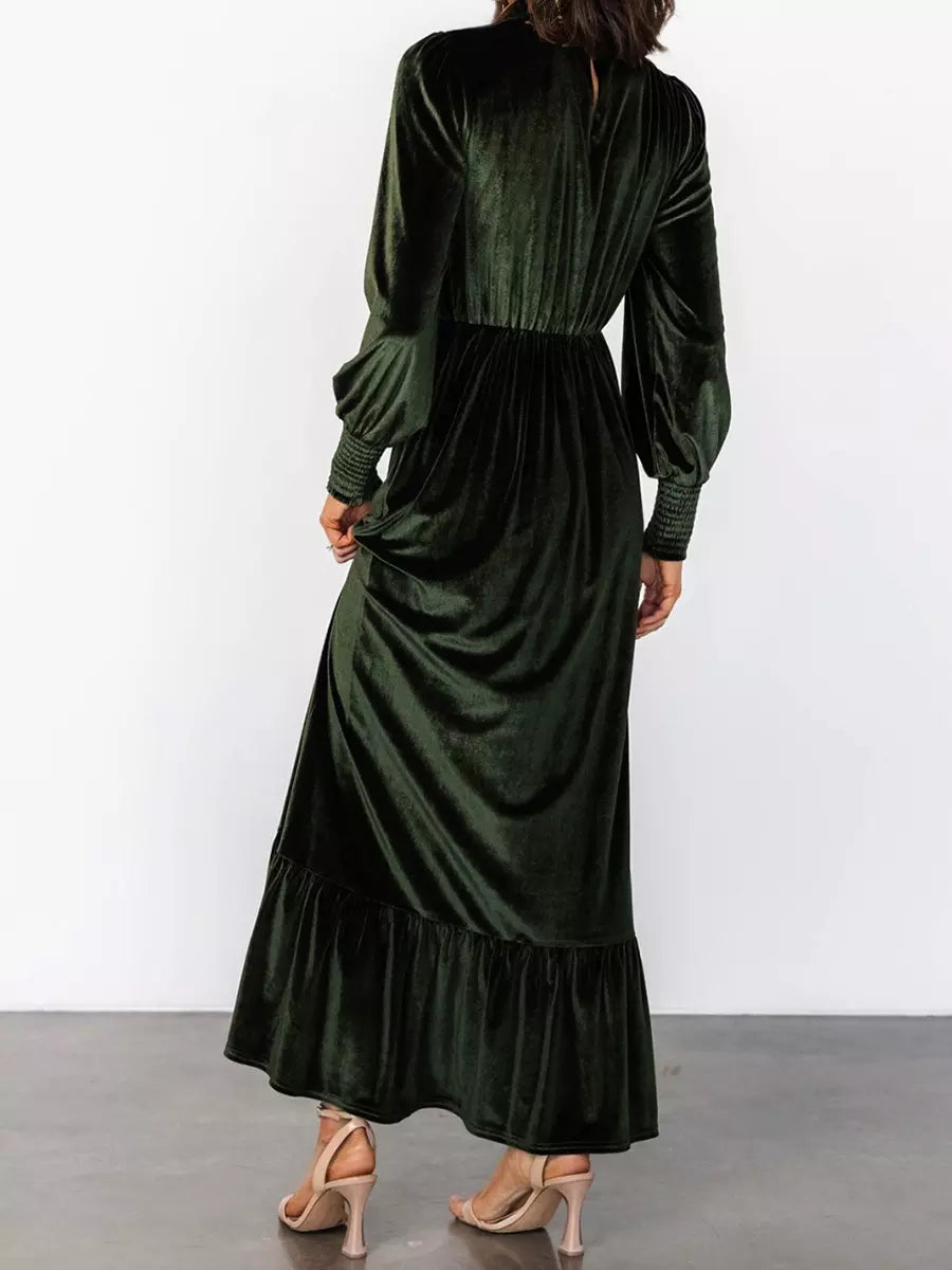 Elegant Velvet High Neck Vintage Bishop Sleeve Maxi Dress
