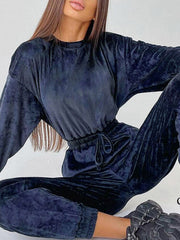 Elegant Velvet Long Sleeve O-Neck Lace Up Jumpsuits