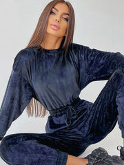 Elegant Velvet Long Sleeve O-Neck Lace Up Jumpsuits