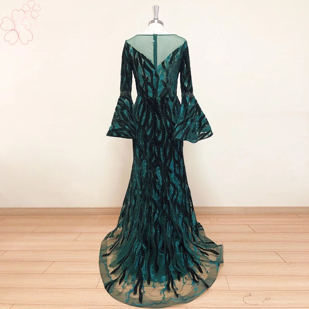 Elegant Velvet Long Sleeves Crystal Mermaid Formal Wedding Prom Party Gowns