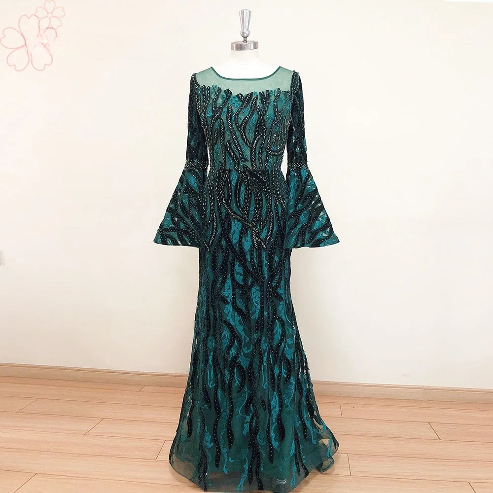 Elegant Velvet Long Sleeves Crystal Mermaid Formal Wedding Prom Party Gowns