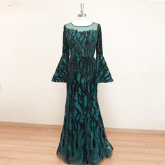 Elegant Velvet Long Sleeves Crystal Mermaid Formal Wedding Prom Party Gowns