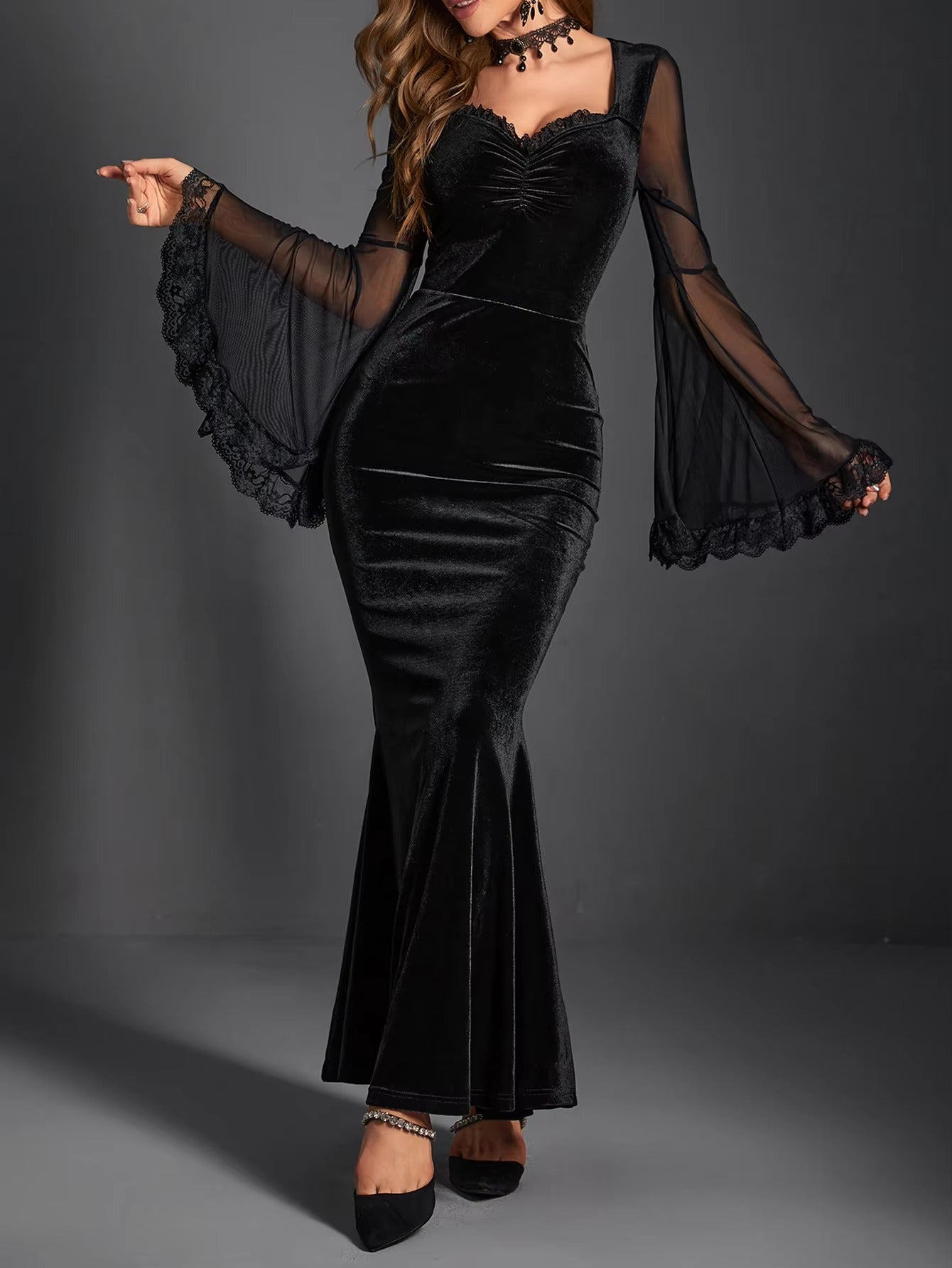 Elegant Velvet Mesh Flare Sleeve Gothic Punk Maxi Dress