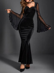 Elegant Velvet Mesh Flare Sleeve Gothic Punk Maxi Dress