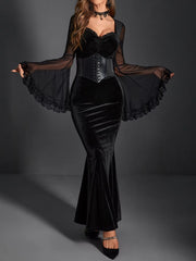 Elegant Velvet Mesh Flare Sleeve Gothic Punk Maxi Dress
