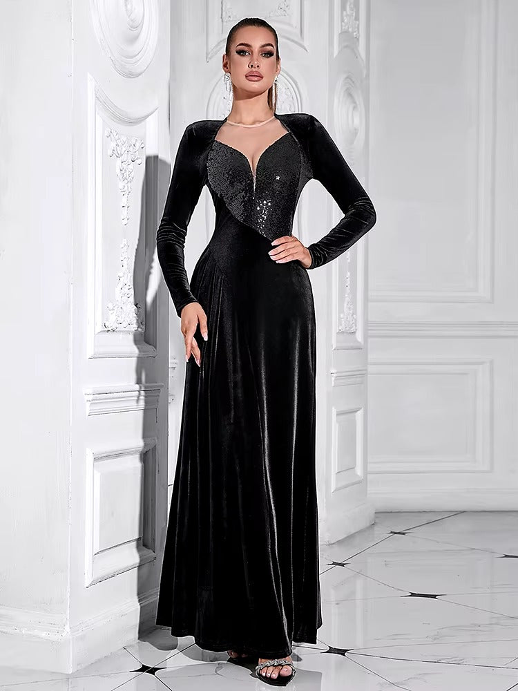 Elegant Velvet Mesh Patchwork Glitter Sequins Long Dress