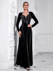 Elegant Velvet Mesh Patchwork Glitter Sequins Long Dress