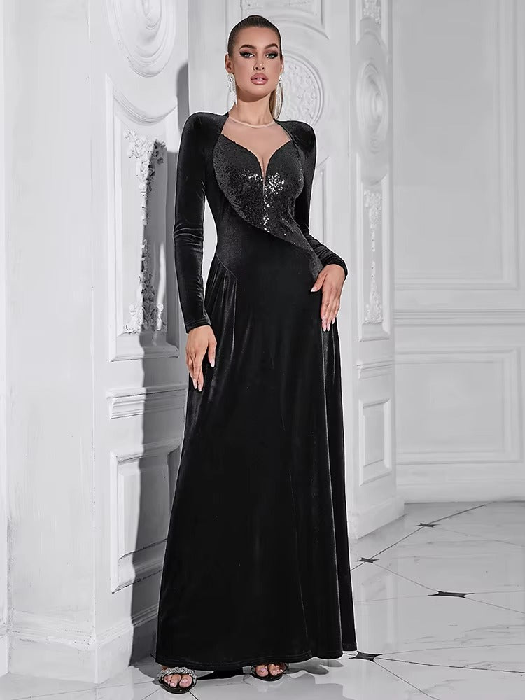 Elegant Velvet Mesh Patchwork Glitter Sequins Long Dress