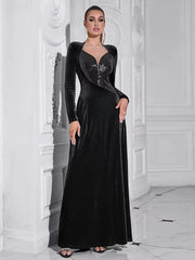 Elegant Velvet Mesh Patchwork Glitter Sequins Long Dress