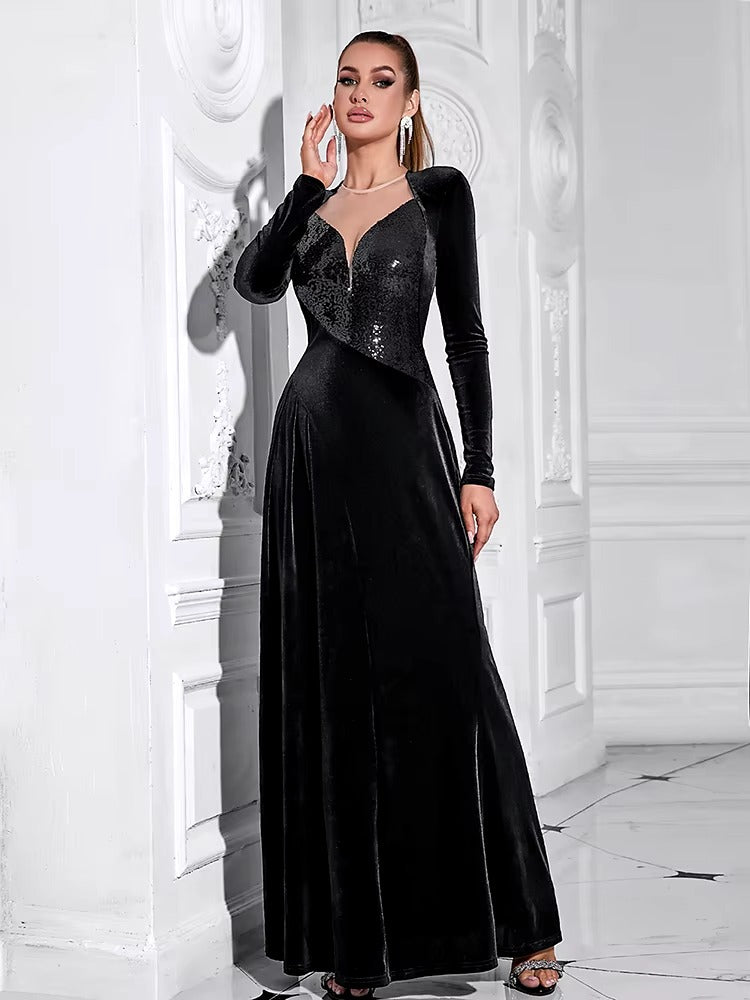 Elegant Velvet Mesh Patchwork Glitter Sequins Long Dress