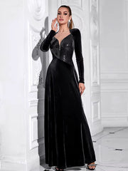 Elegant Velvet Mesh Patchwork Glitter Sequins Long Dress