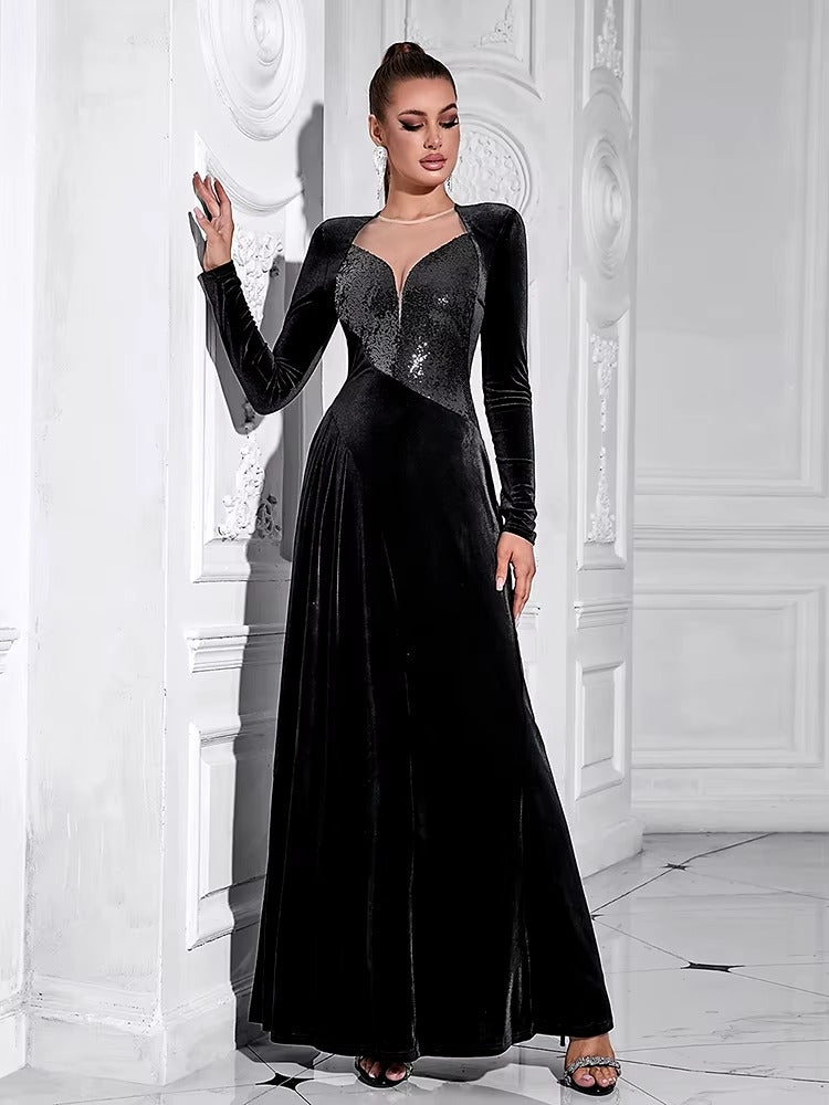 Elegant Velvet Mesh Patchwork Glitter Sequins Long Dress