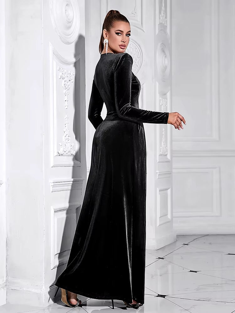 Elegant Velvet Mesh Patchwork Glitter Sequins Long Dress