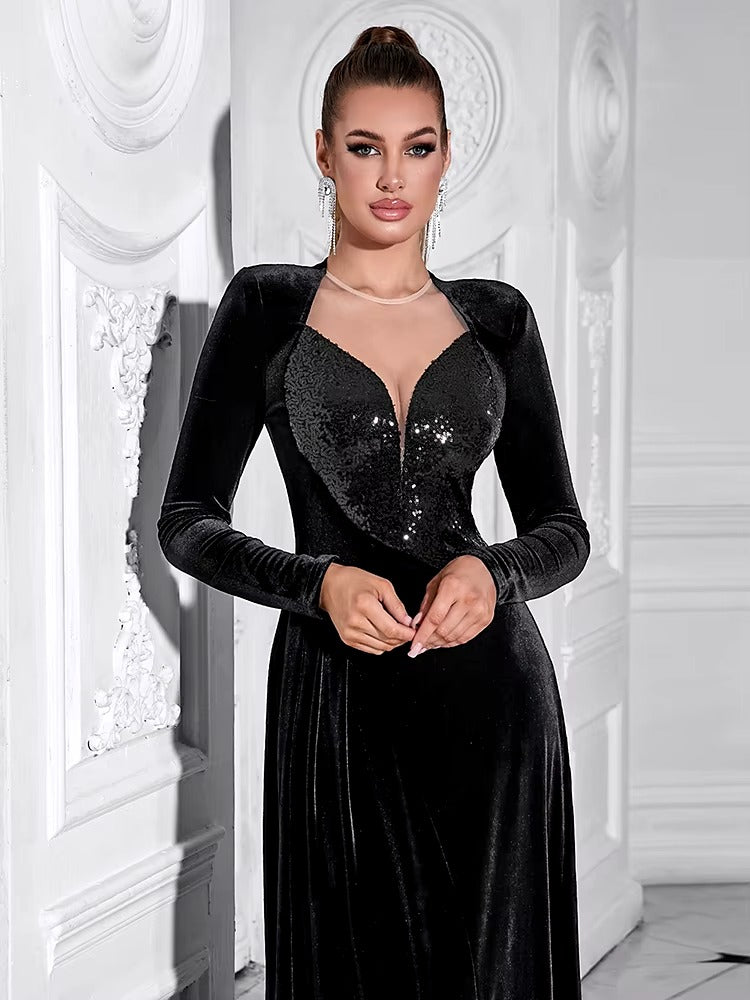 Elegant Velvet Mesh Patchwork Glitter Sequins Long Dress