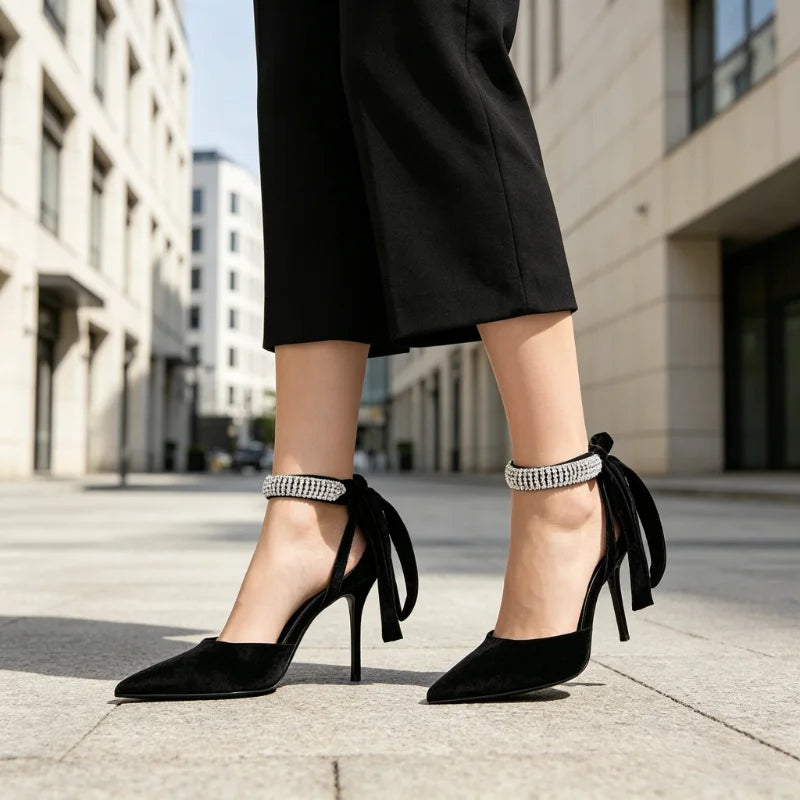 Elegant Velvet Rhinestone Embellished Pumps Pointed Toe Ankle Strap High Heel