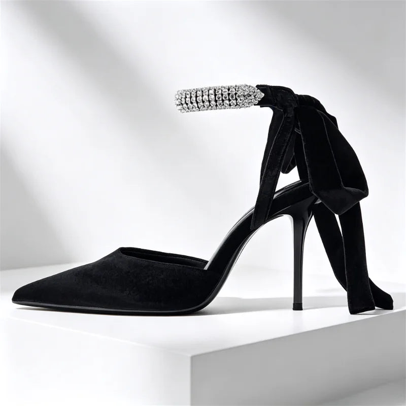 Elegant Velvet Rhinestone Embellished Pumps Pointed Toe Ankle Strap High Heel