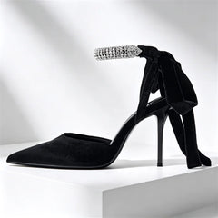 Elegant Velvet Rhinestone Embellished Pumps Pointed Toe Ankle Strap High Heel