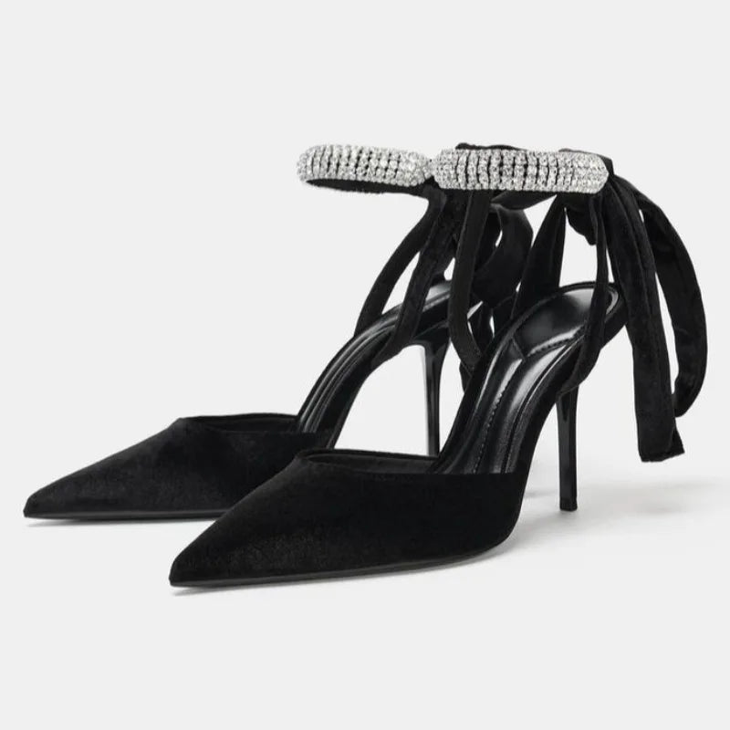 Elegant Velvet Rhinestone Embellished Pumps Pointed Toe Ankle Strap High Heel