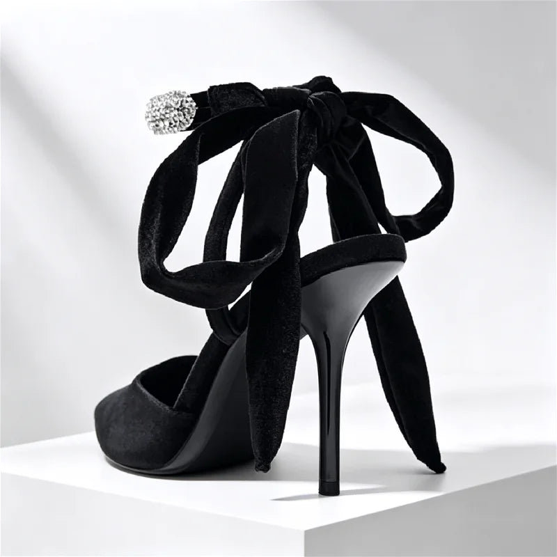 Elegant Velvet Rhinestone Embellished Pumps Pointed Toe Ankle Strap High Heel