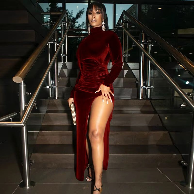 Elegant Velvet Ruched Side Slit Bodycon Midi Dress