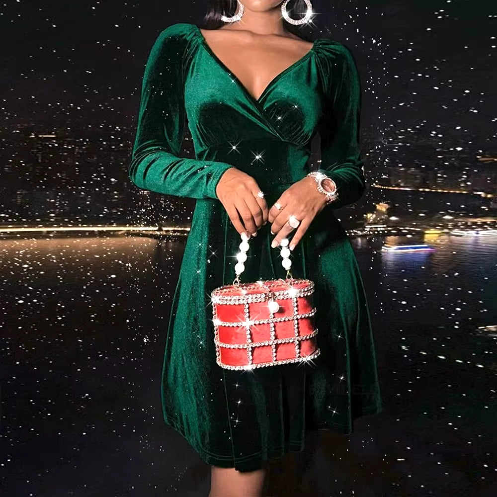 Elegant Velvet Solid V-neck Spliced Long-sleeved A-line Dress
