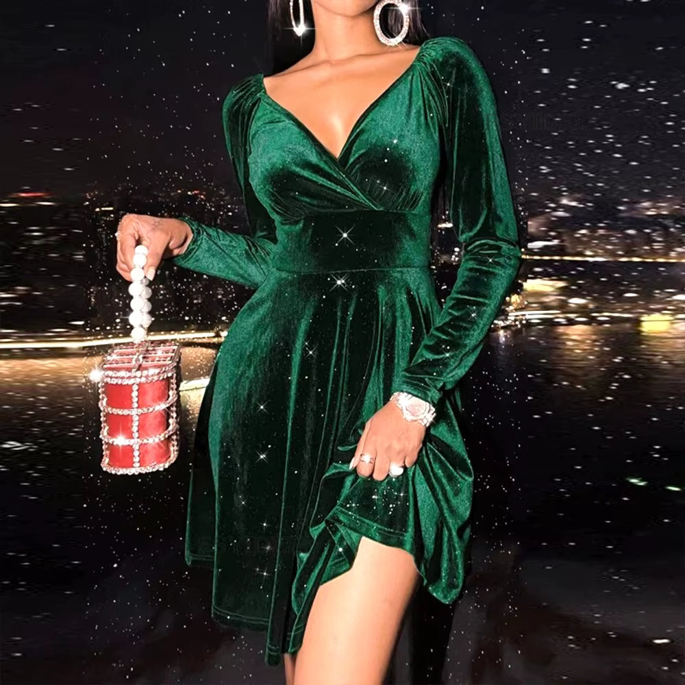 Elegant Velvet Solid V-neck Spliced Long-sleeved A-line Dress