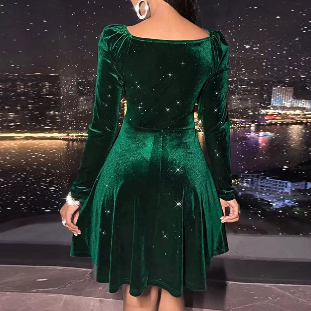 Elegant Velvet Solid V-neck Spliced Long-sleeved A-line Dress