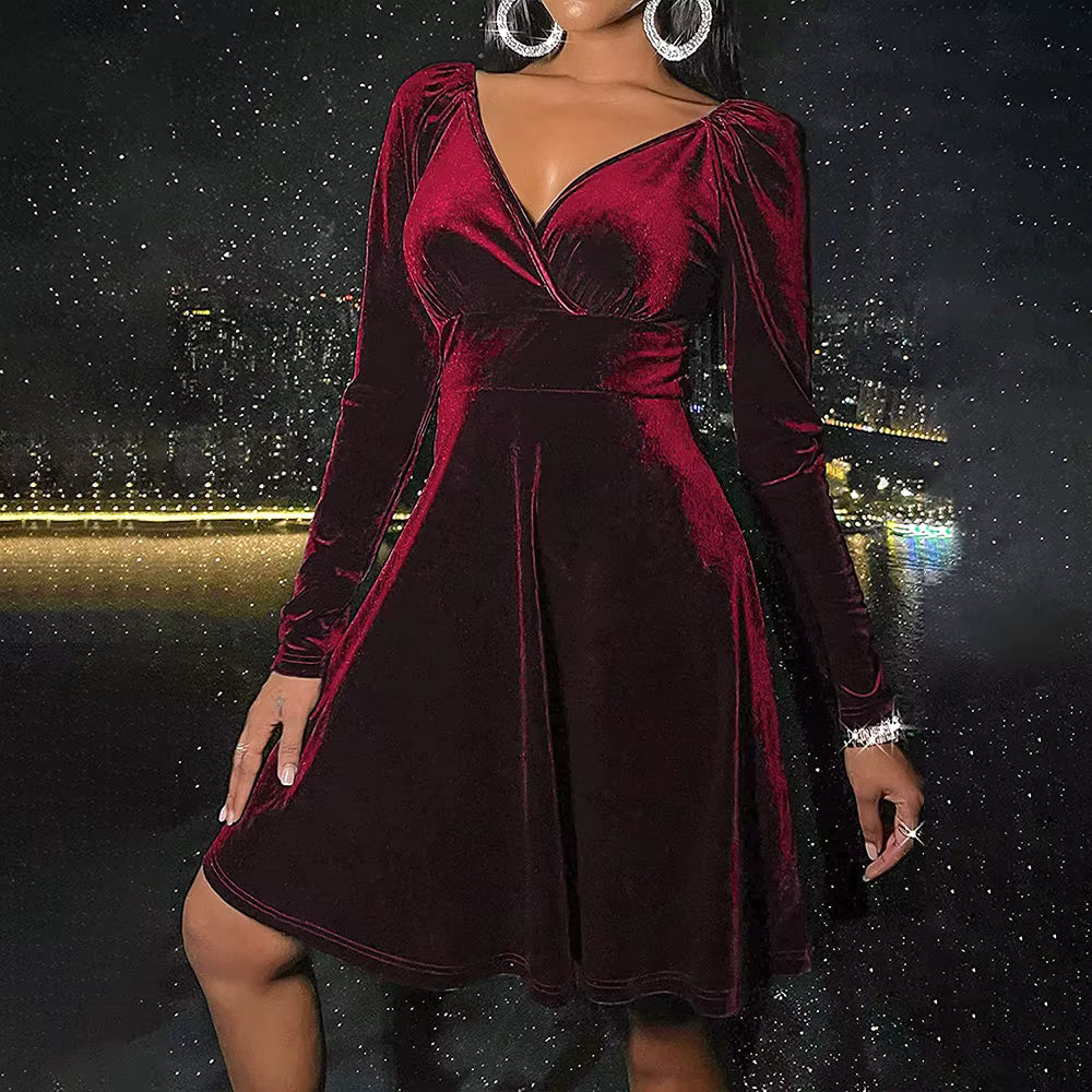 Elegant Velvet Solid V-neck Spliced Long-sleeved A-line Dress