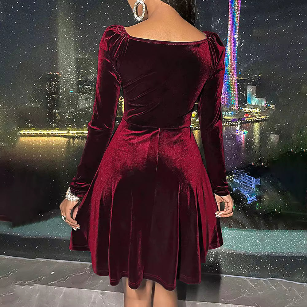 Elegant Velvet Solid V-neck Spliced Long-sleeved A-line Dress