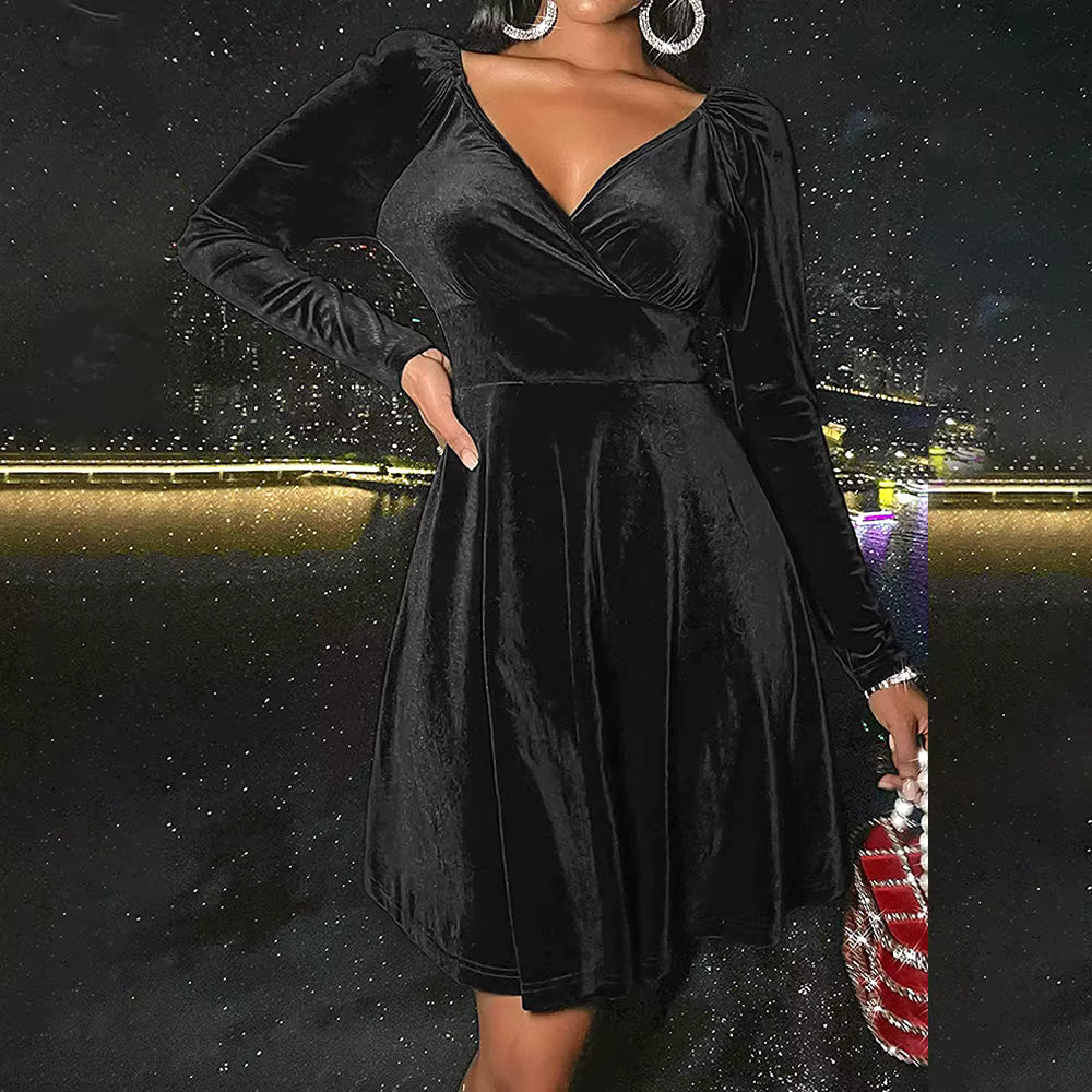Elegant Velvet Solid V-neck Spliced Long-sleeved A-line Dress