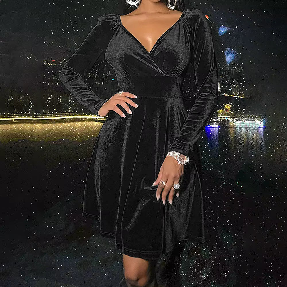 Elegant Velvet Solid V-neck Spliced Long-sleeved A-line Dress