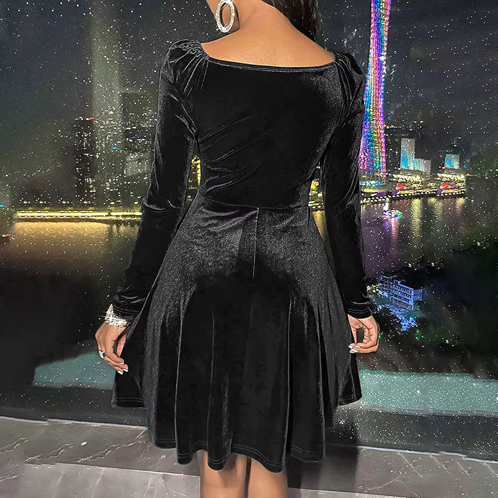 Elegant Velvet Solid V-neck Spliced Long-sleeved A-line Dress