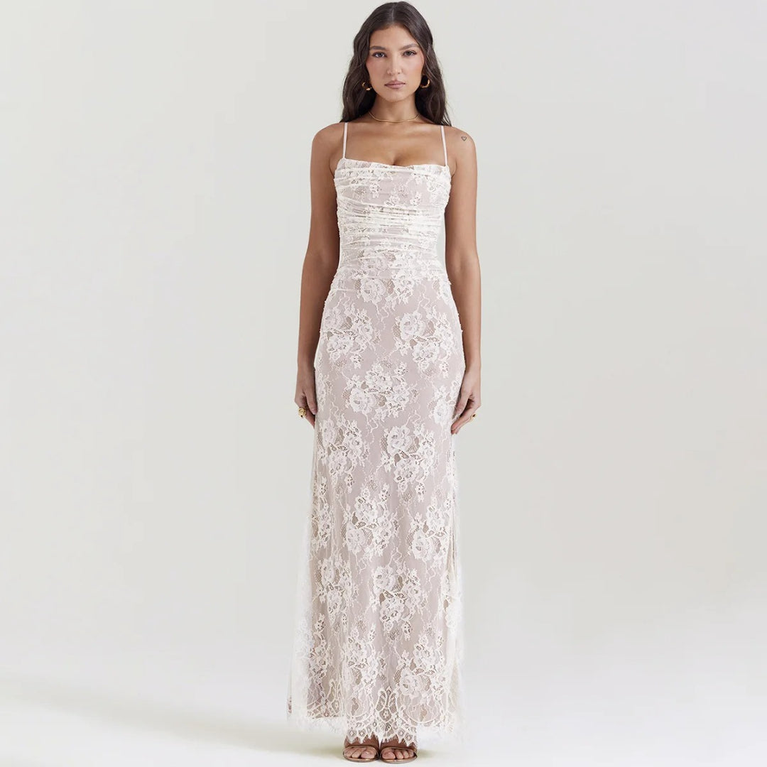 Elegant Vintage Hollow Out Lace Long Sleeve Cape 2 Piece Set Gown Slip  Maxi Dress